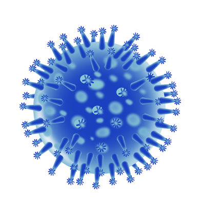 Illustration of a flu virus structure on isolated background. The virus is a blue ball with thorns topped with spiky balls coming out of it.