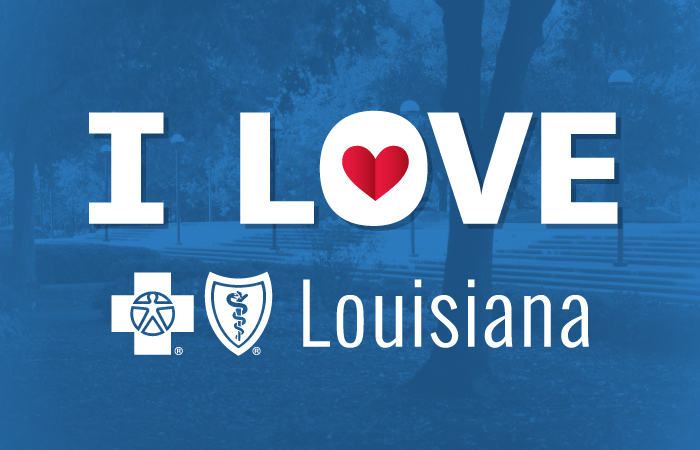 Image shows the words "I Love" and the Blue Cross and Blue Shield of Louisiana logo on a blue background