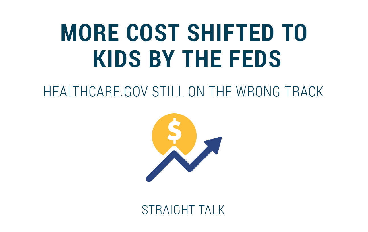 This is a photo with a coin and a dollar sign with an arrow going up and text that reads: "More Cost Shifted to Kids by the Feds: Healthcare.gov still on the wrong track."