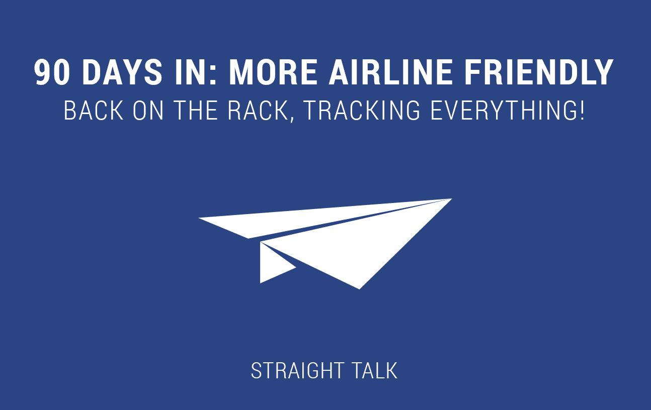 This is an image with a picture of a paper airplane and text that reads: "90 Days In: More Airline Friendly. Back on the Rack: Tracking Everything."
