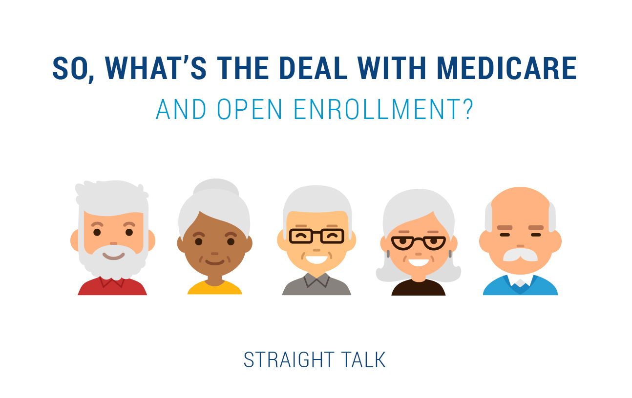 This is a picute with five people and a headline: "So, What's the Deal with Medicare and Open Enrollment?"