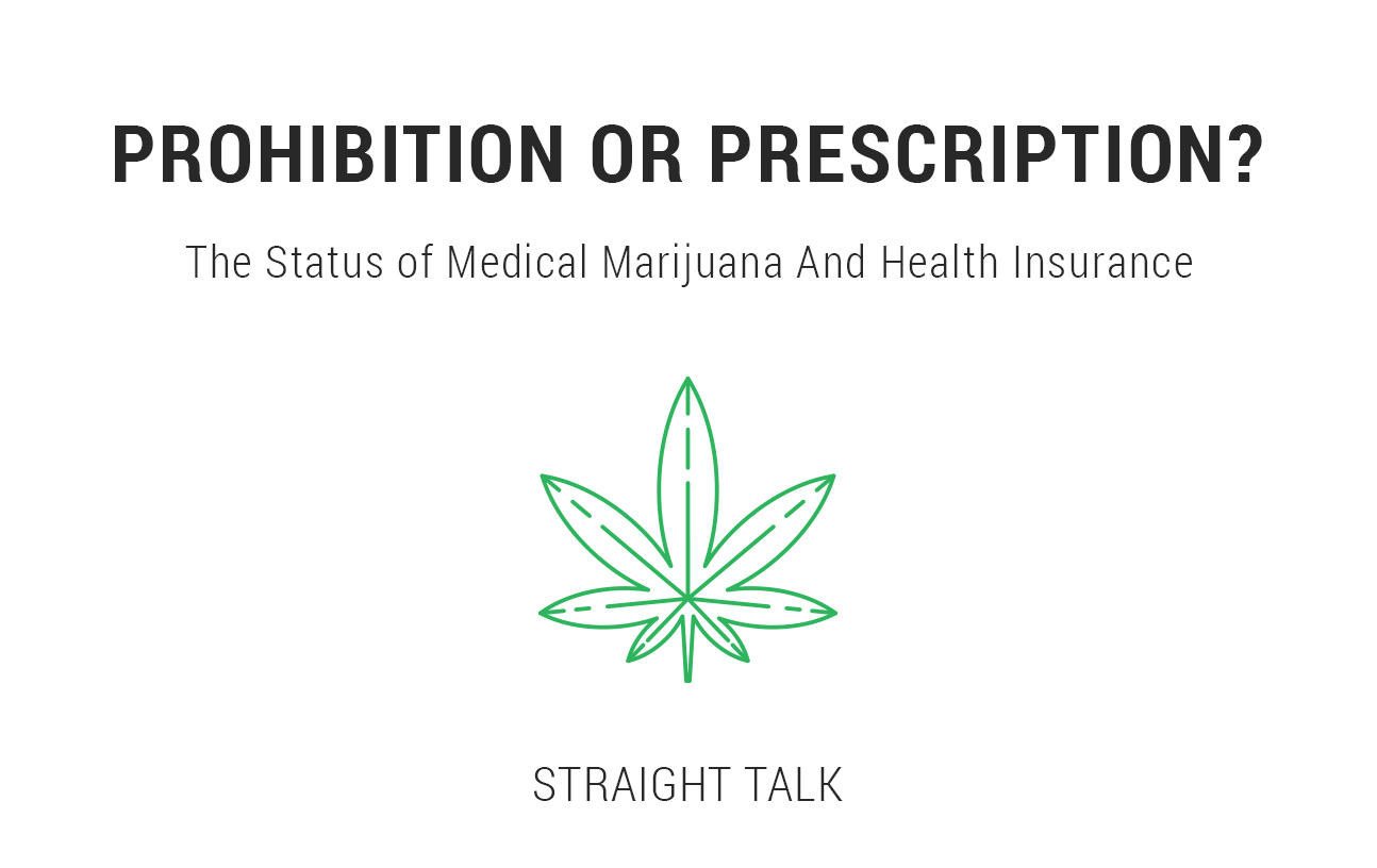 This is an illustration of a marijuana leaf with text that reads: "Prohibition or Prescription? The Status of Medical Marijuana and Health Insurance"