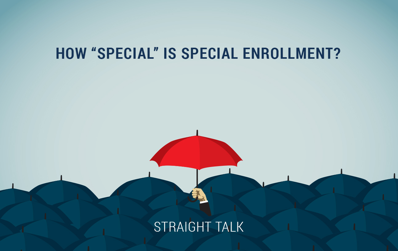 This is an image with several umbrellas, one red umbrella and text that reads "How 'Special' is Special Enrollment?"