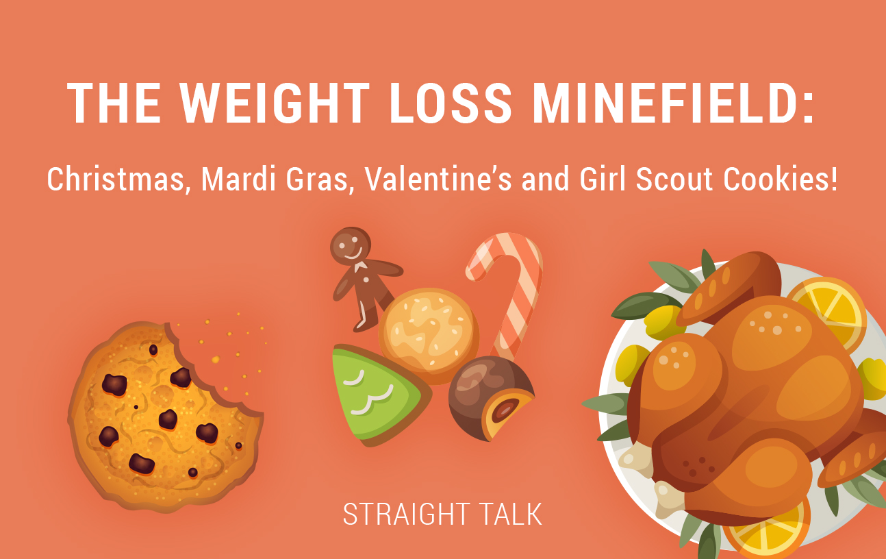 This is an illustration of cookies and candy with text that reads: "The Weight Loss Minefield: Christmas, Mardi Gras, Valentine's and Girl Scout Cookies! Straight Talk."
