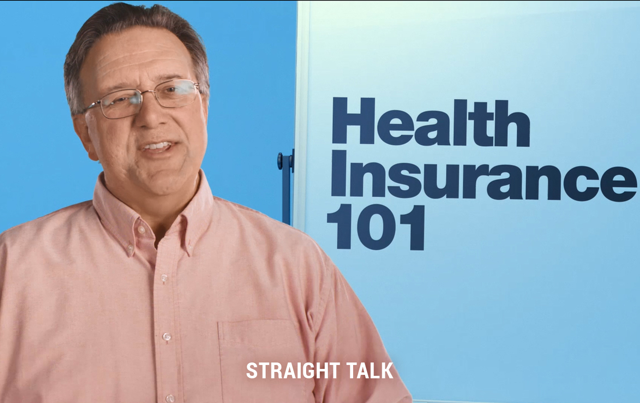 This is a photo of Mike Bertaut with text that reads: "Health Insurance 101. Straight Talk."