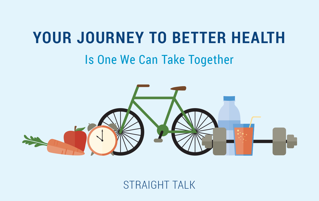 This is a photo with icons of a bike, weights and a water bottle and text that reads: "Your Journey to Better Health is One We Can Take Together. Straight Talk."