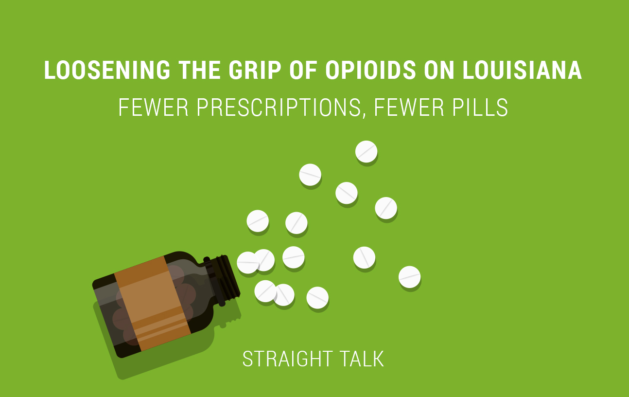 This is an illustration with an open bottle of pills and text that reads: "Loosening the Grip of Opioids on Louisiana. Fewer Prescriptions, Fewer Pills. Straight Talk."