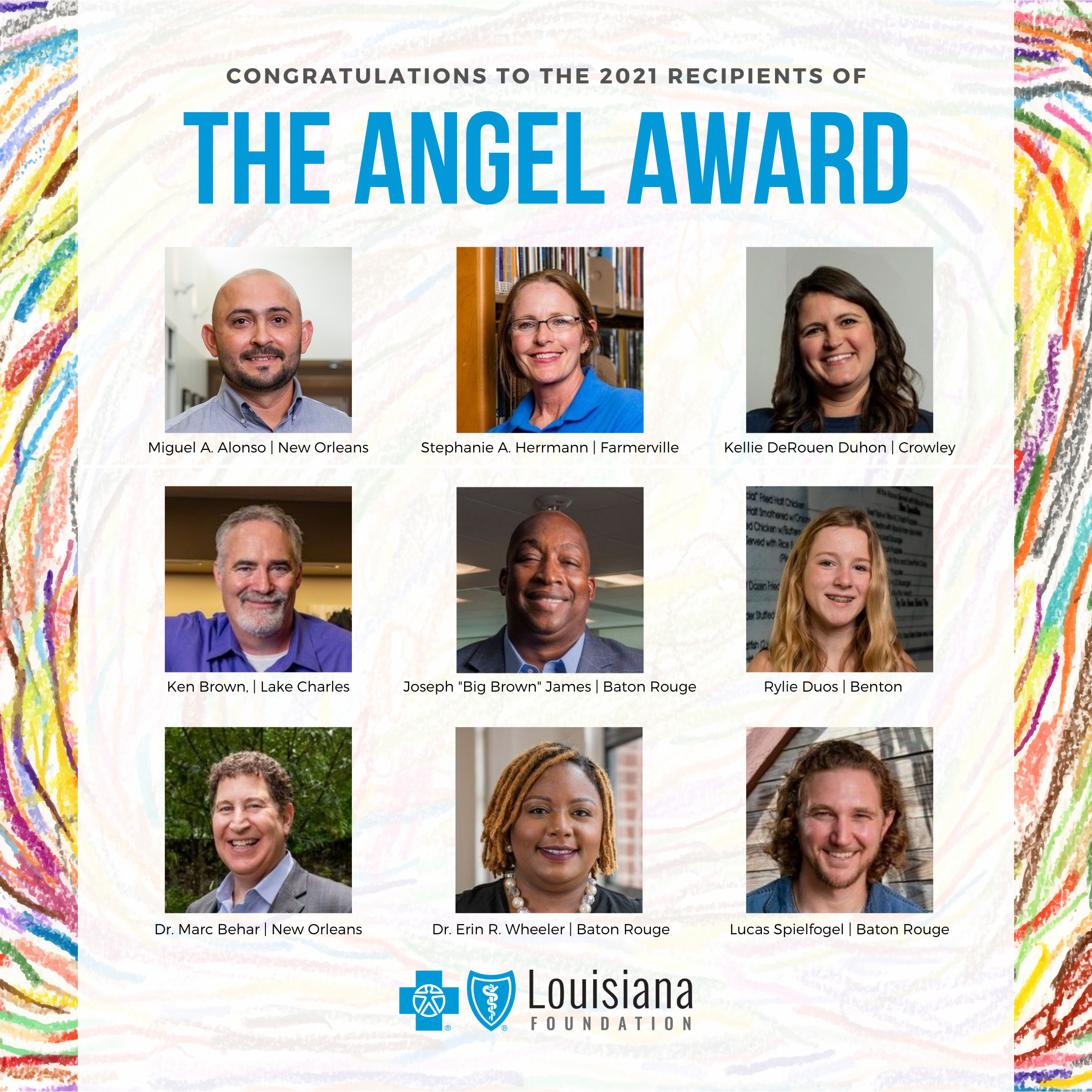 This image shows a collage of nine people who have won the 2021 Angel Award