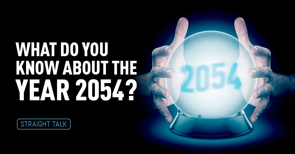 Hands hover on the sides of a crystal ball. Text reads "What do you know about the year 2054?"