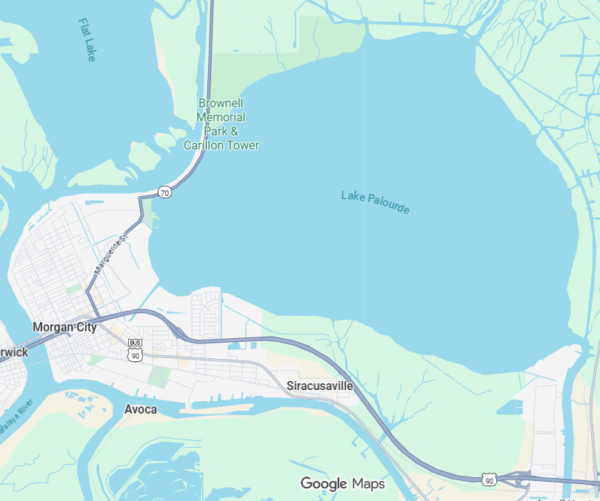 Image shows a map from Google with Morgan City in the west and Lake Palourde to the east. Lake Palourde is at least two times larger than Morgan City.